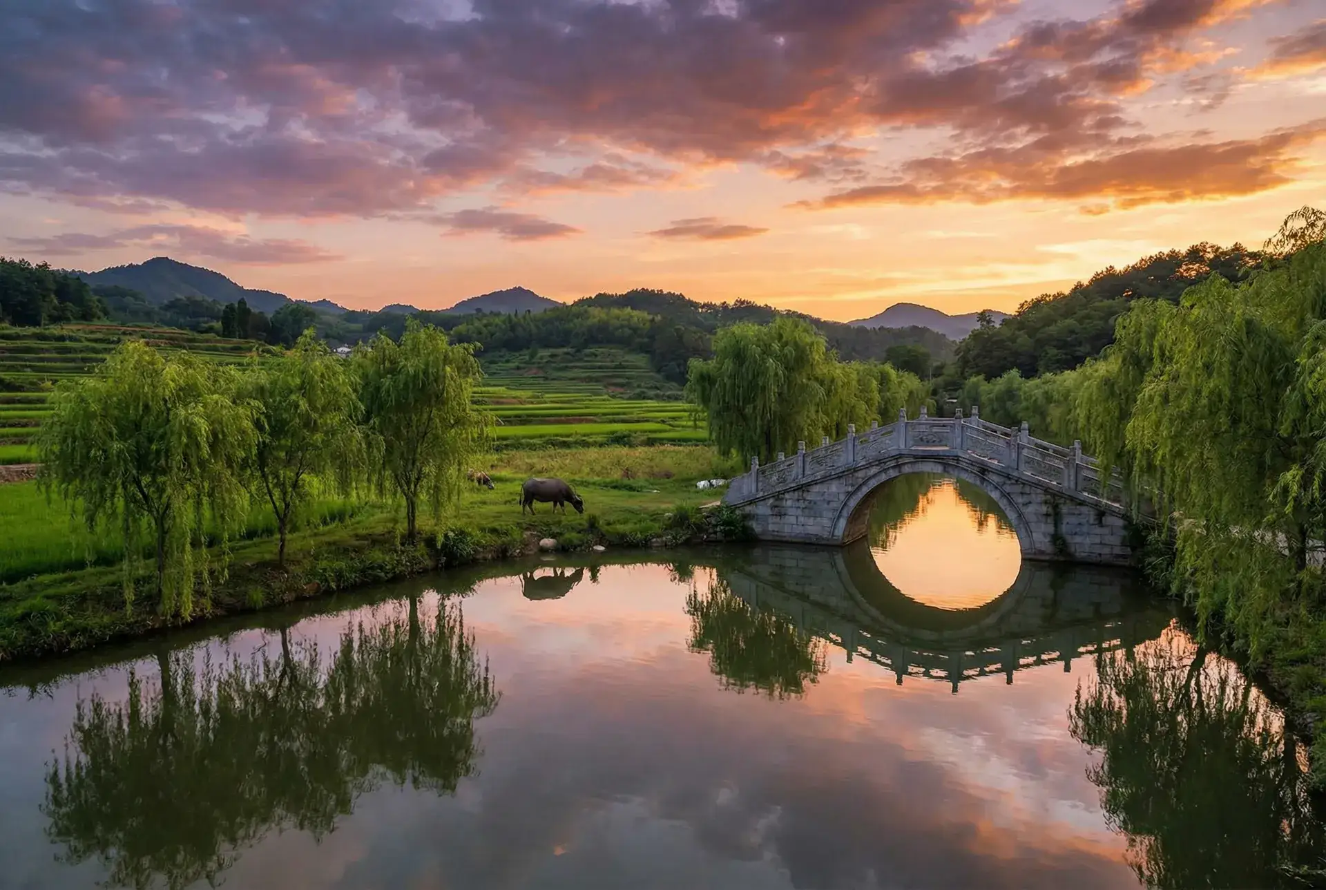 夕阳下的石拱桥与垂柳，水牛在河边吃草 - 山河令电视剧在线播放 乡村美景